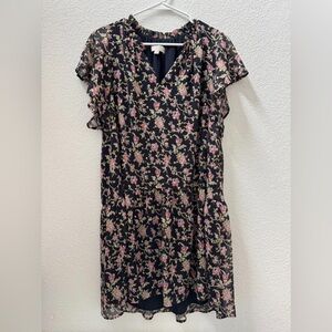 LOFT Navy Floral Midi Dress with Flutter Sleeves